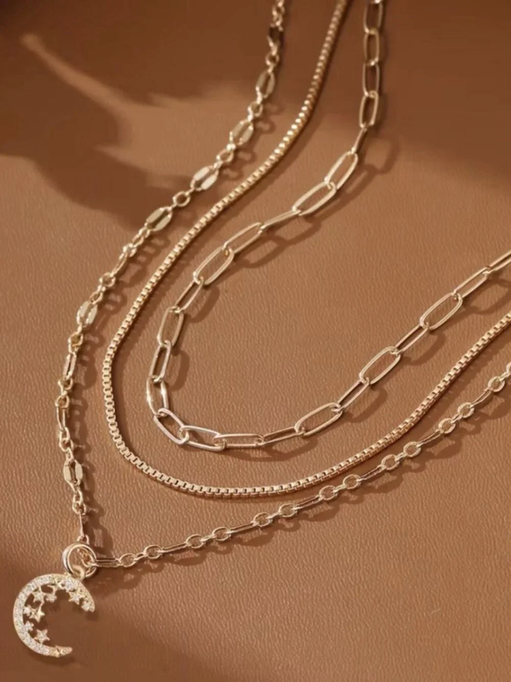 18K Gold Plated 3pc Layered Moon Chain Necklace Stainless Steel Womens Jewelry